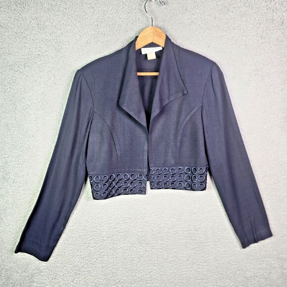 Betsys Things Cropped Navy Blue Jacket Size 10 Embroidered Hem Vintage - Picture 9 of 10
